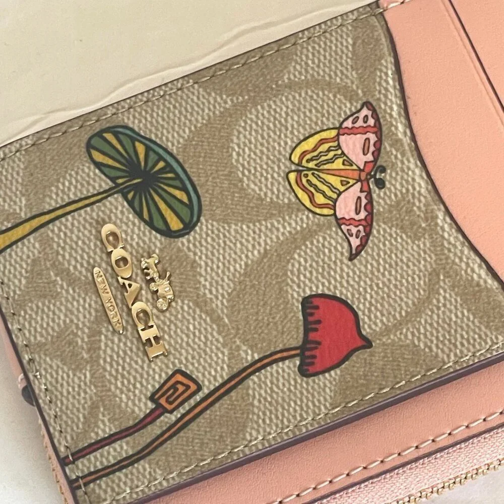 Coach Observed By Us Zip Card Case Khaki Signature Canvas Pink